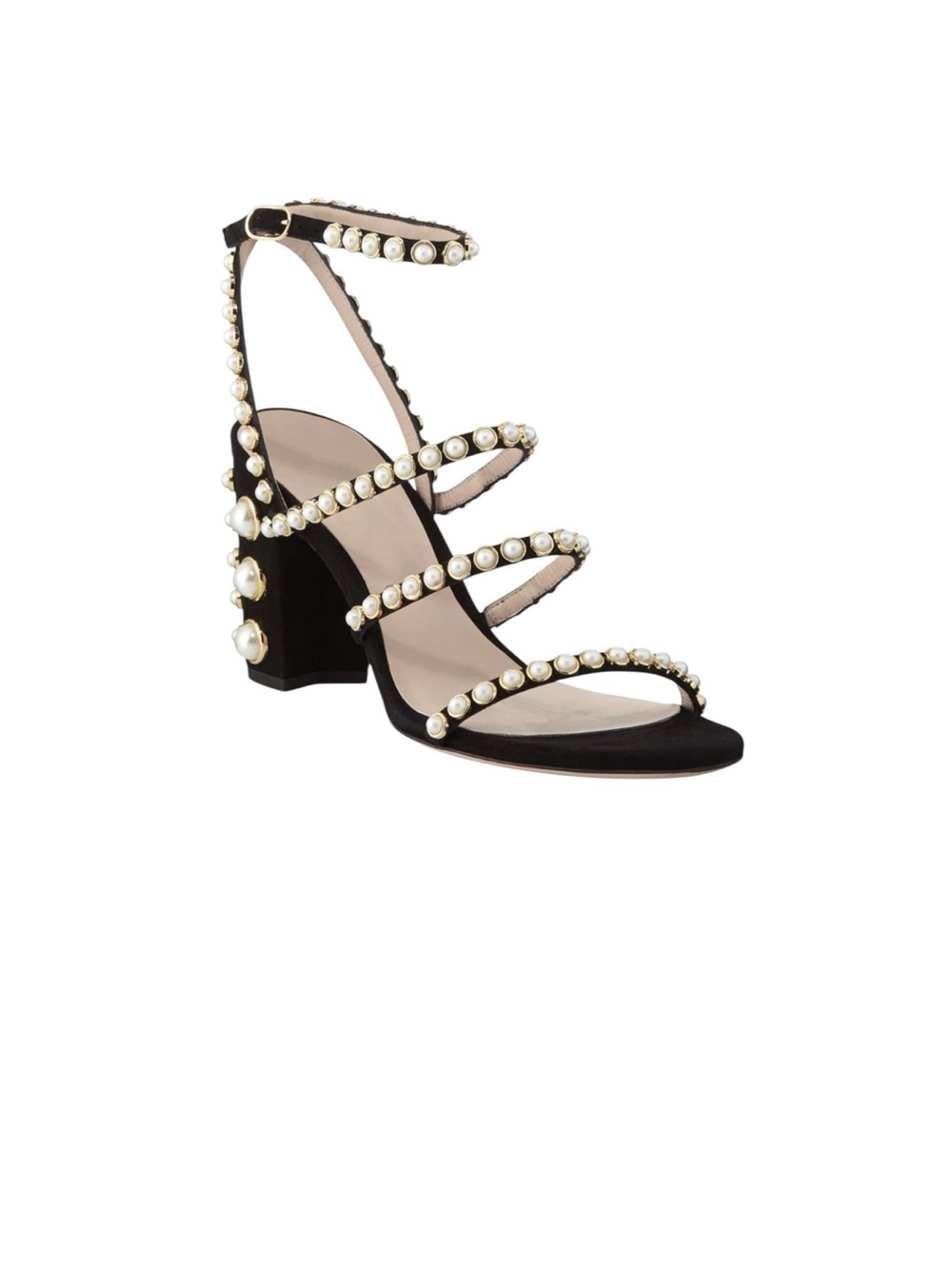 Stuart Weitzman Perifot Pearl-Embellished  Strappy Block Heel Sandal sz 8.5